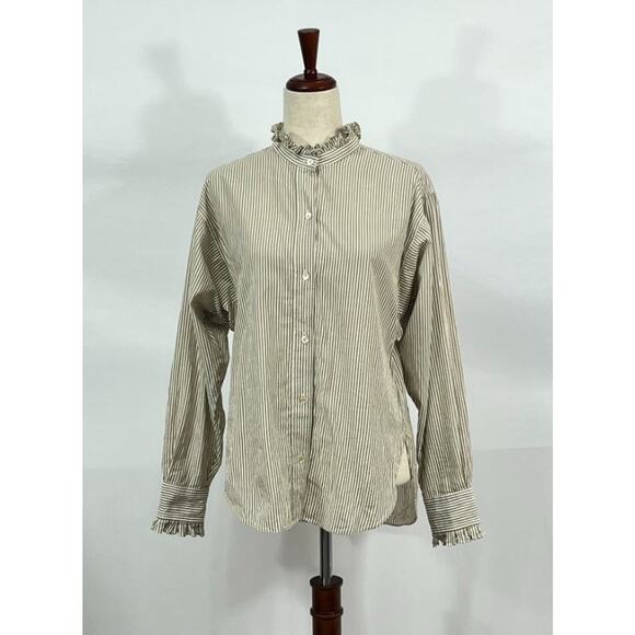 ISABEL MARANT Etoile Sz 40 8 Saoli Tan Stripe Ruffle Trim Shirt Top - Picture 7 of 10